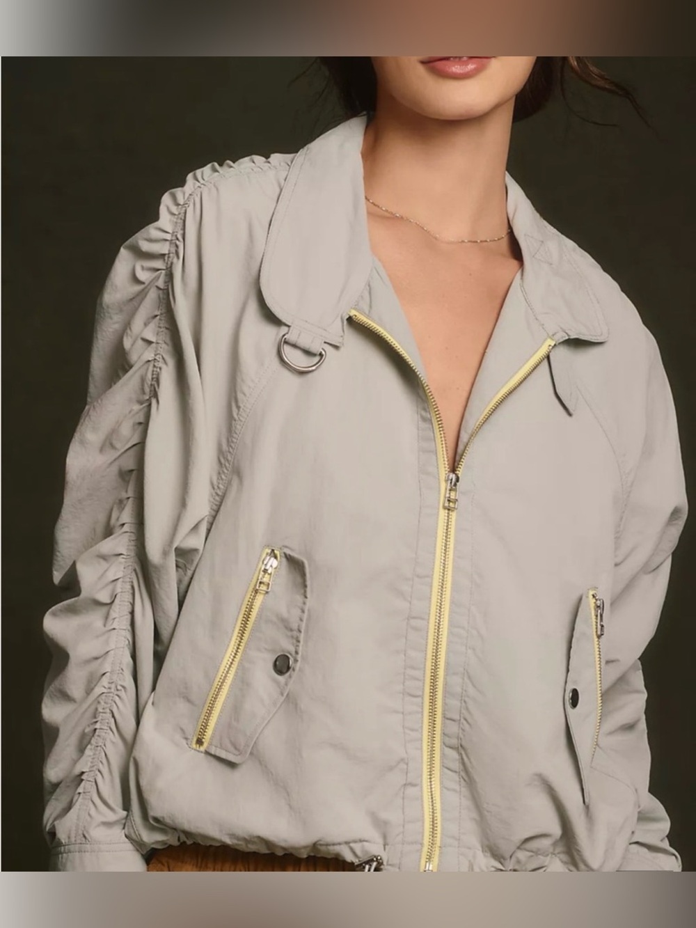 Women's Light Gray Ruched-Sleeve Bomber Jacket with Contrast Zipper